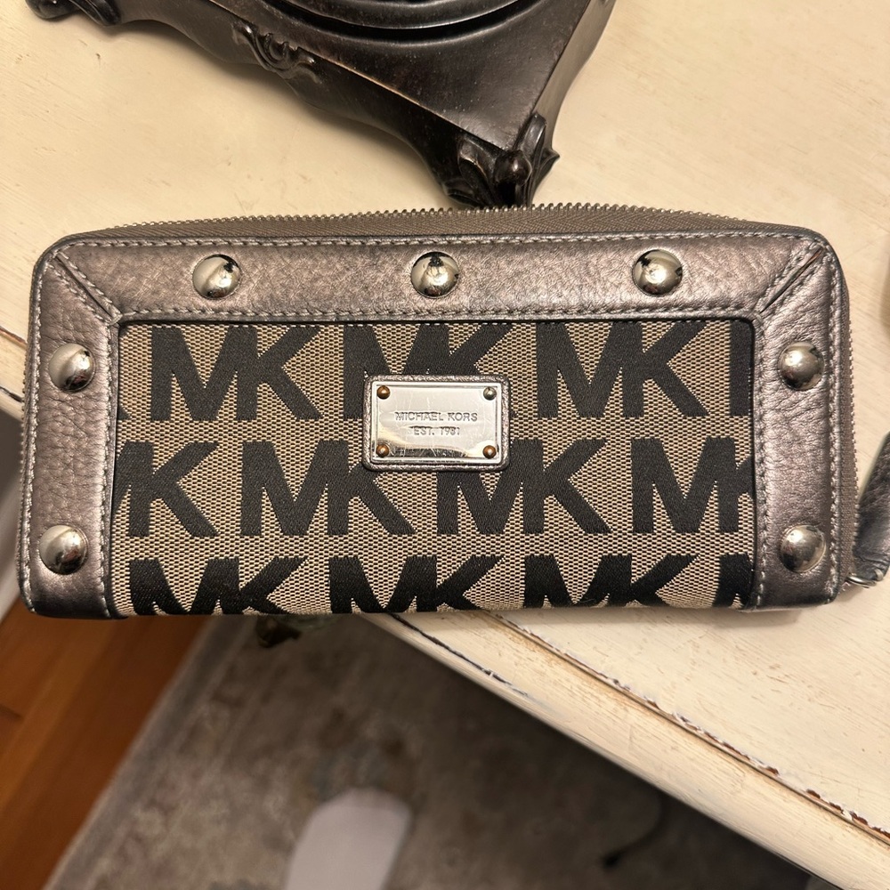 Michael Kors Metallic Silver and Black Logo Wallet